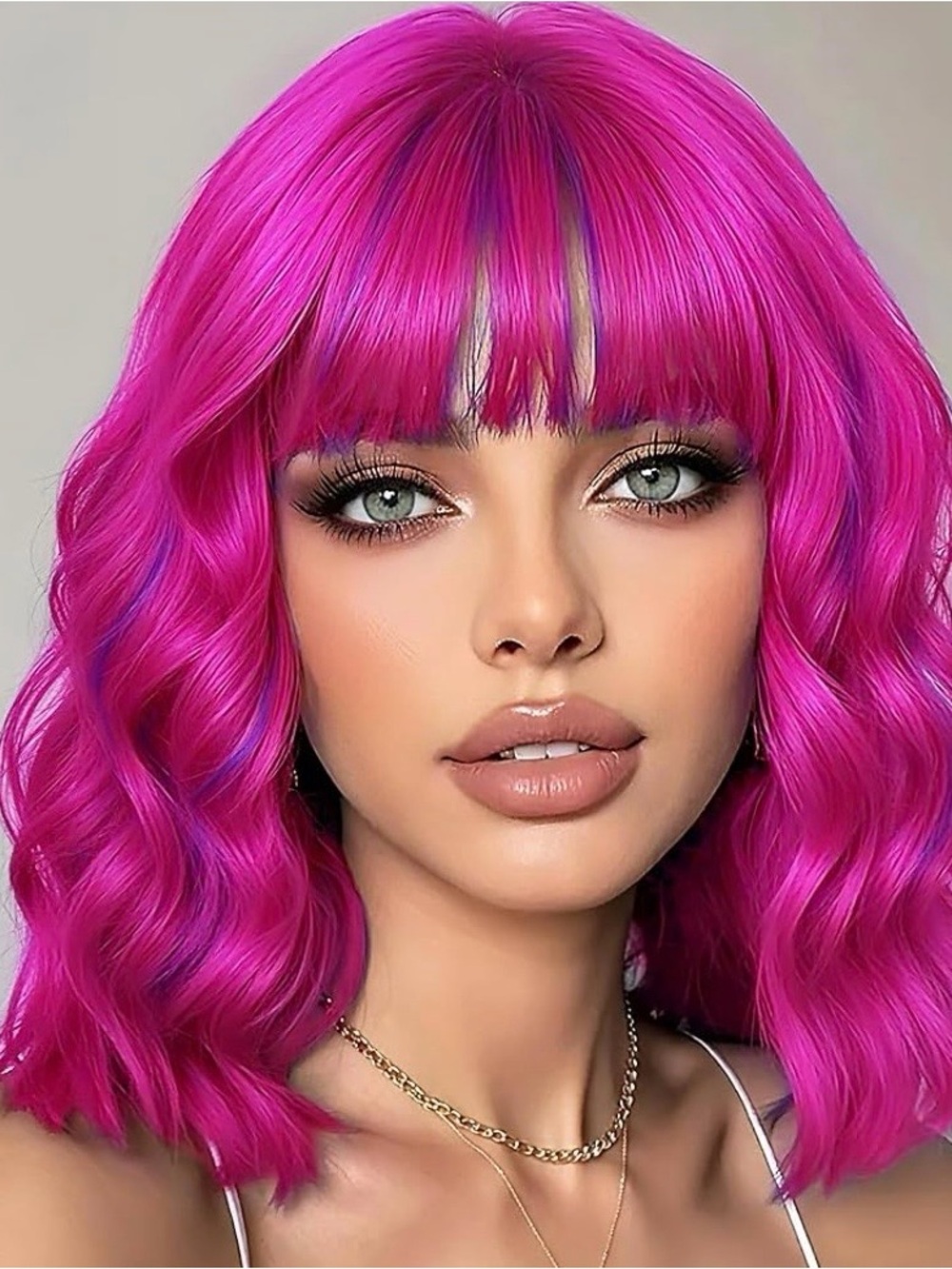 Rose mixed Purple Synthetic Wig. Natural Hairline,Wave,Bang.